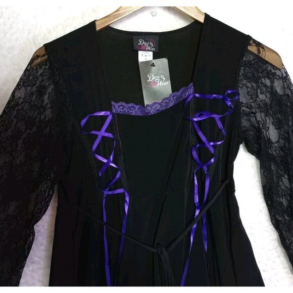 Dare To Wear Purple/Black Lace Up Bell Lace Sleeve Gothic Top Women's Size M NEW - Picture 3 of 15